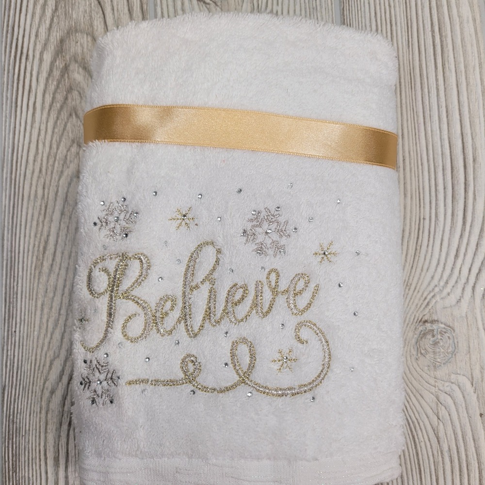 2 Believe White Hand Towel Embroidered Snowflake Rhinestone Gold‎ Ribbon Holiday